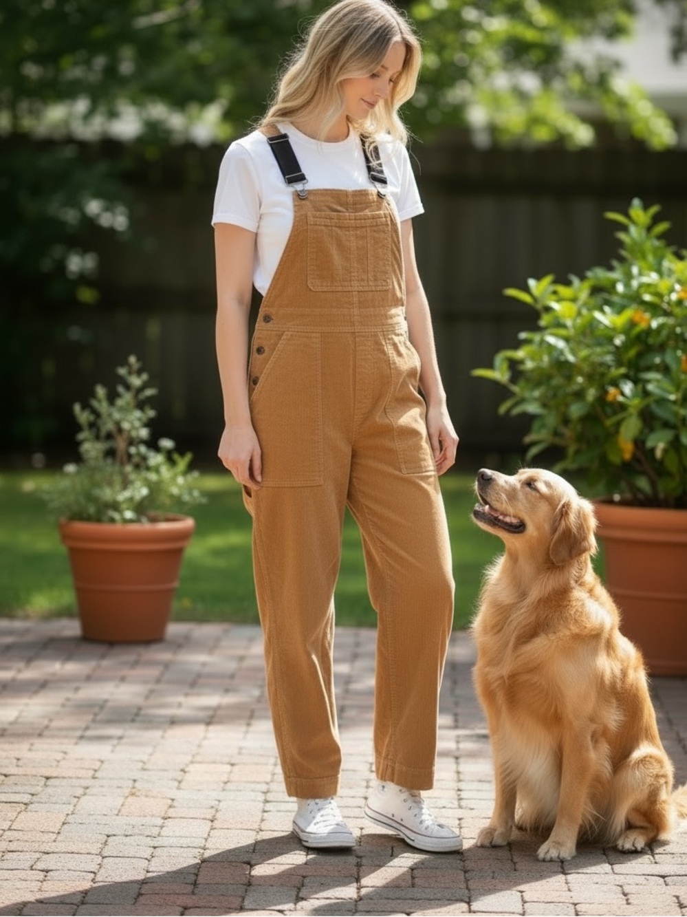 Classic Tan Women's Overalls Jeans - Casual Utility Fit - Adjustable Staps - M